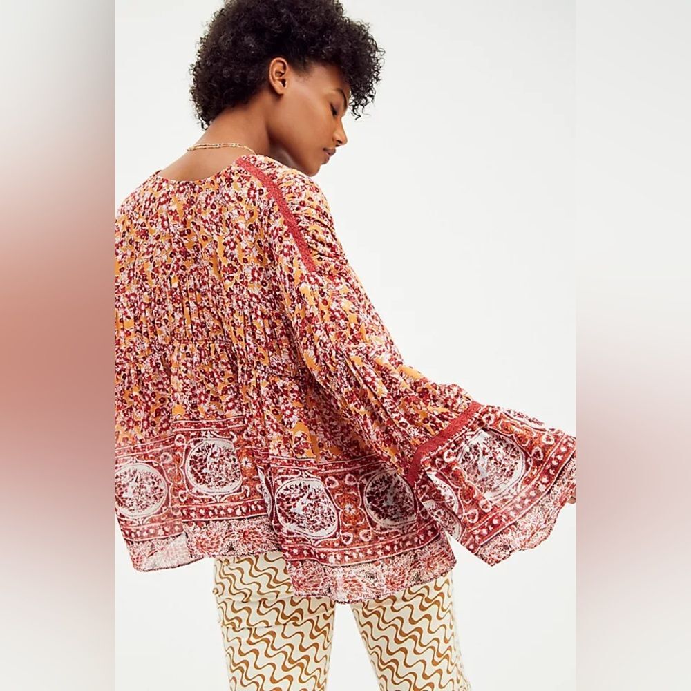 NWT Free People Sz Small Lorraine Tiered Kimono Top Boho Paisley Wide Sleeves - Picture 2 of 8